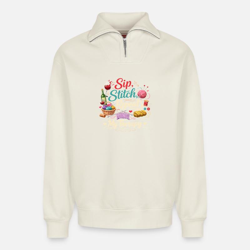 Sip Stitch Repeat Therapy - Relaxed Unisex Organic Half Zip Sweatshirt – by SPREAD - off white