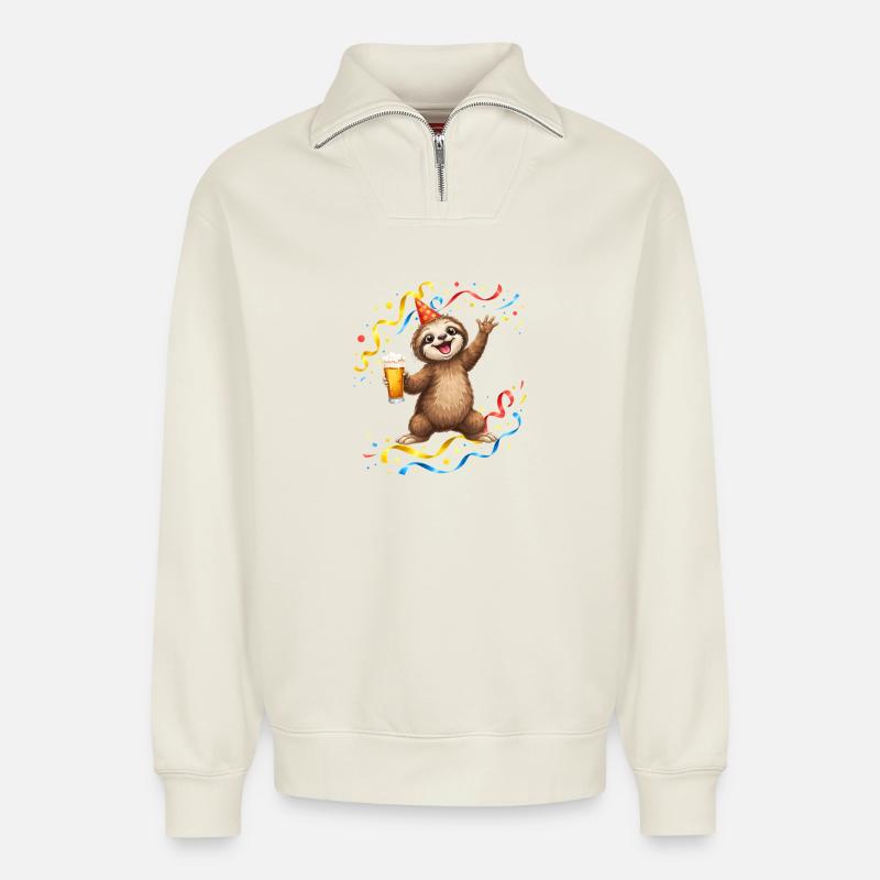 Faultier Party Feier mit Bier - Relaxed Unisex Organic Half Zip Sweatshirt – von SPREAD - Naturweiß