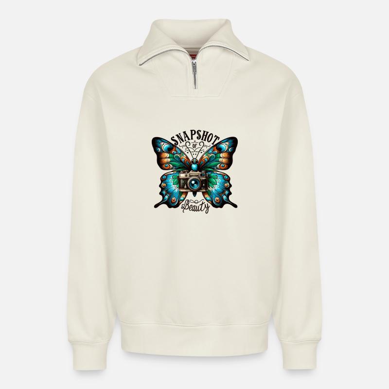 Beauté de la caméra papillon - Sweat unisexe décontracté en coton biologique à demi-zip – de SPREAD - blanc cassé
