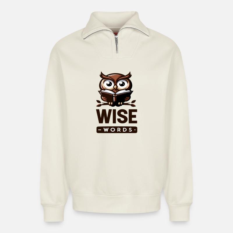 Weise Eule mit Buch – Wörter - Relaxed Unisex Organic Half Zip Sweatshirt – von SPREAD - Naturweiß