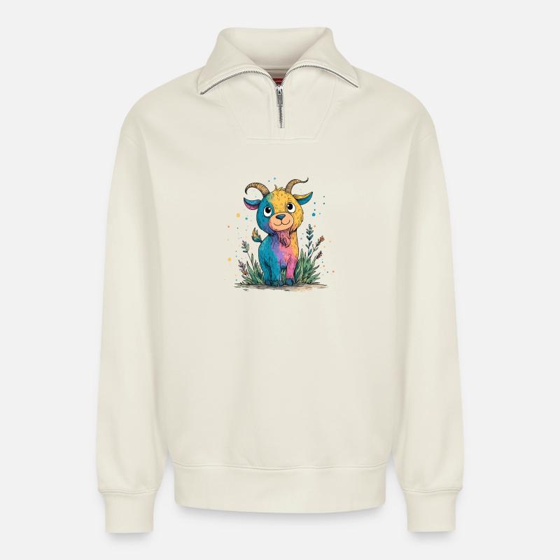 Regenbogenziege im Farbenzauber - Relaxed Unisex Organic Half Zip Sweatshirt – von SPREAD - Naturweiß