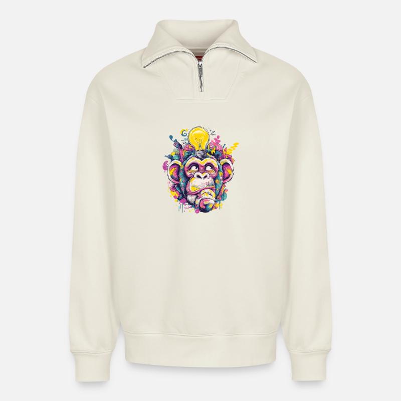 Glowing Monkey Graffiti - Relaxed Unisex Organic Half Zip Sweatshirt – by SPREAD - off white