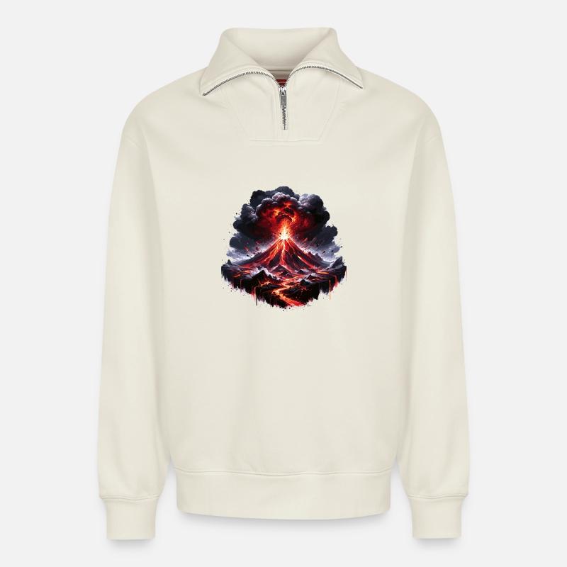 Vulkanausbruch Lava Feuerwerk - Relaxed Unisex Organic Half Zip Sweatshirt – von SPREAD - Naturweiß