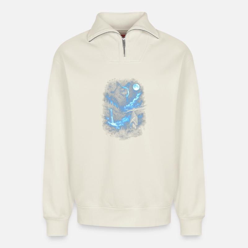Blauer Nachtwolf Mondlicht - Relaxed Unisex Organic Half Zip Sweatshirt – von SPREAD - Naturweiß