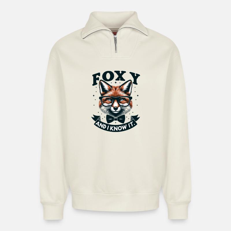 Nœud papillon Foxy Nerd - Sweat unisexe décontracté en coton biologique à demi-zip – de SPREAD - blanc cassé