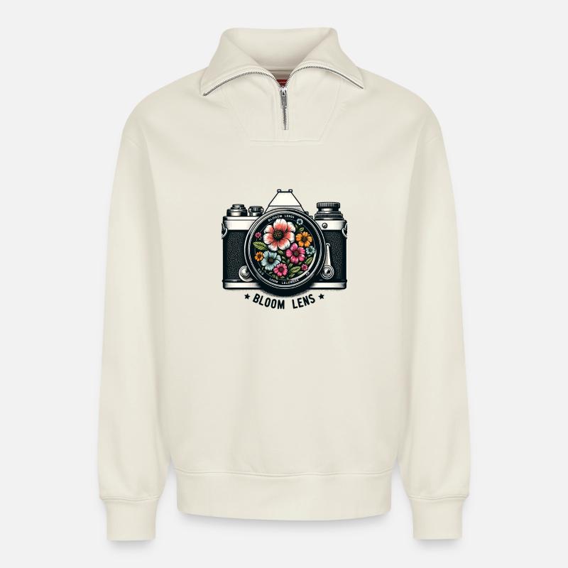 Blumenlinse Retro Florale Motive - Relaxed Unisex Organic Half Zip Sweatshirt – von SPREAD - Naturweiß