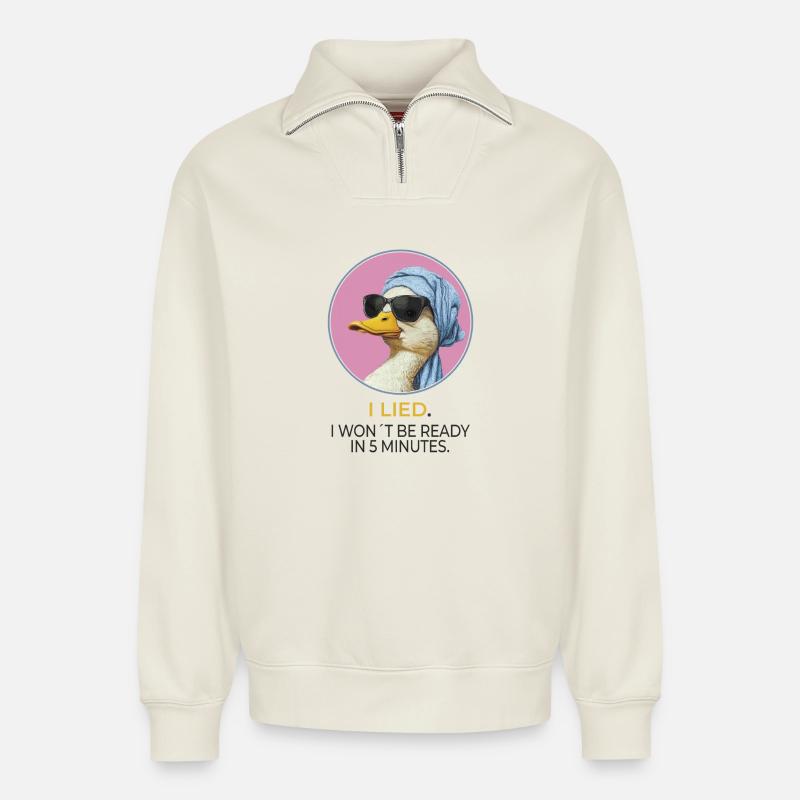 Stylische Ente – I Lied Statement Design - Relaxed Unisex Organic Half Zip Sweatshirt – von SPREAD - Naturweiß
