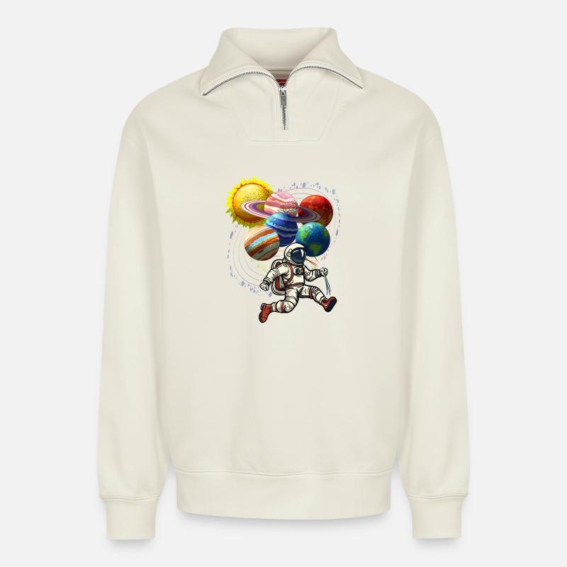 Astronaut & Planetenkugeln - Relaxed Unisex Organic Half Zip Sweatshirt – von SPREAD - Naturweiß
