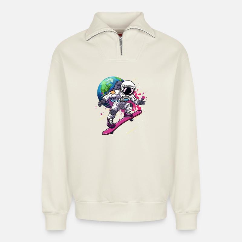 Astronaut Skateboard Erde - Relaxed Unisex Organic Half Zip Sweatshirt – von SPREAD - Naturweiß