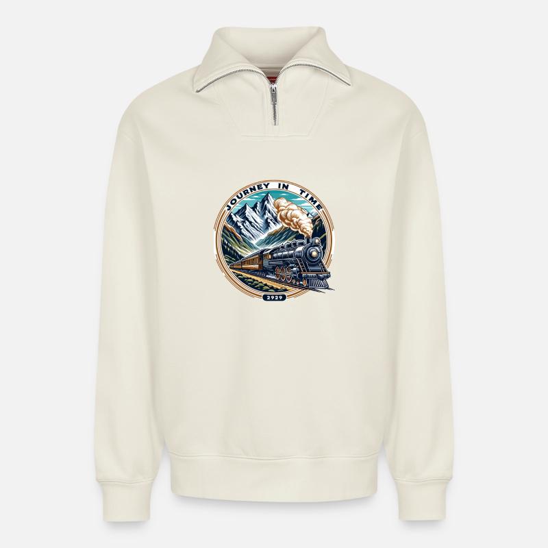 Dampflok im Gebirgswald - Relaxed Unisex Organic Half Zip Sweatshirt – von SPREAD - Naturweiß