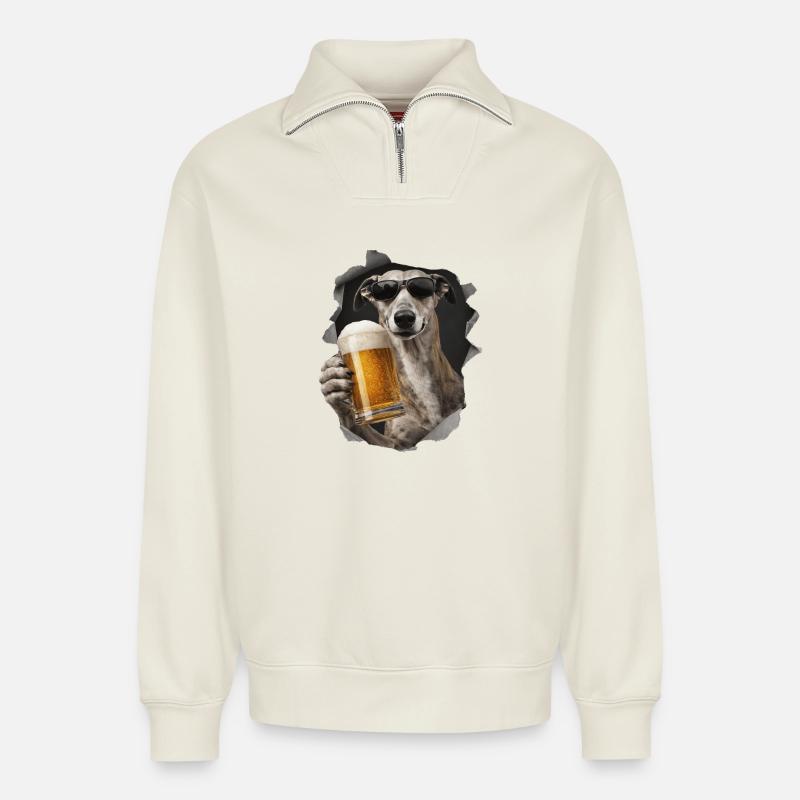 Windhund Bier - Relaxed Unisex Organic Half Zip Sweatshirt – von SPREAD - Naturweiß