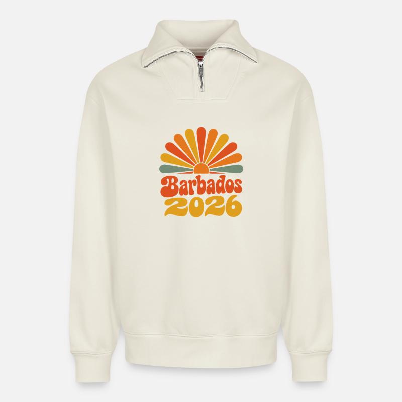 Barbade 2026 Sunburst - Sweat unisexe décontracté en coton biologique à demi-zip – de SPREAD - blanc cassé