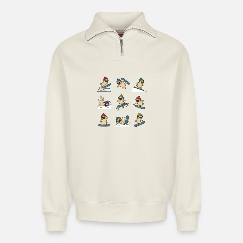 Snowboard Mops Lustiger Winterhund Spaß - Relaxed Unisex Organic Half Zip Sweatshirt – von SPREAD - Naturweiß