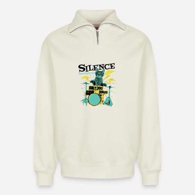 Cat Drummer - Sweat unisexe décontracté en coton biologique à demi-zip – de SPREAD - blanc cassé