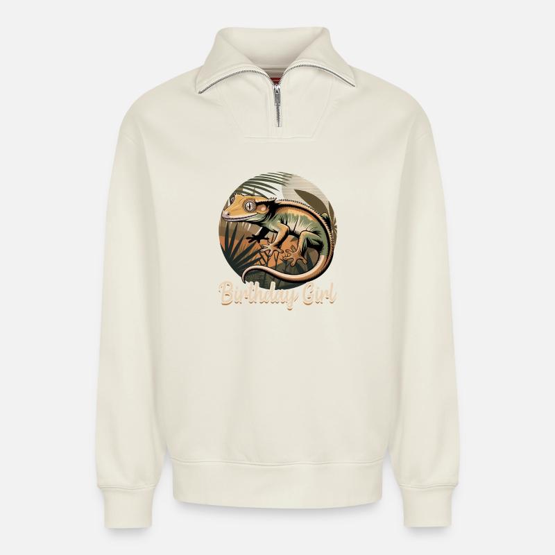 Funny Reptile Crested Gecko - Relaxed Unisex Organic Half Zip Sweatshirt – von SPREAD - Naturweiß