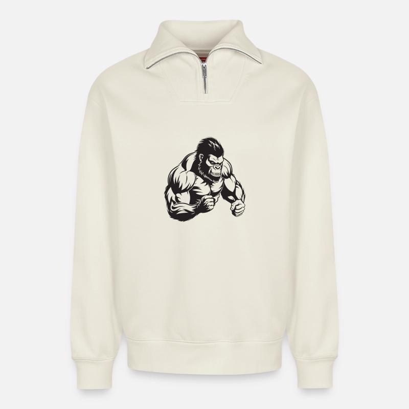 Musculation Gorilla - Sweat unisexe décontracté en coton biologique à demi-zip – de SPREAD - blanc cassé