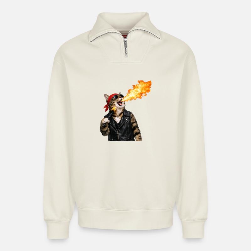 Fire Cat Biker Look - Relaxed Unisex Organic Half Zip Sweatshirt – by SPREAD - off white