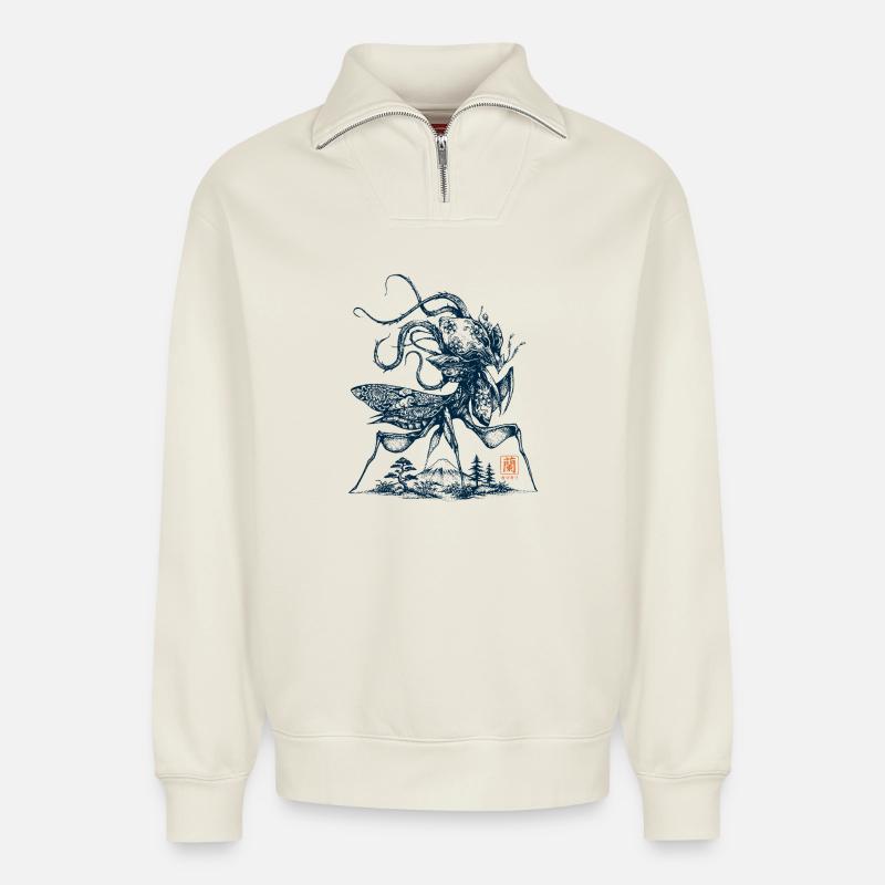 Orchideenmantis Mount Fuji - Relaxed Unisex Organic Half Zip Sweatshirt – von SPREAD - Naturweiß