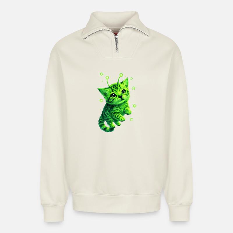 Alien Cat - Sweat unisexe décontracté en coton biologique à demi-zip – de SPREAD - blanc cassé
