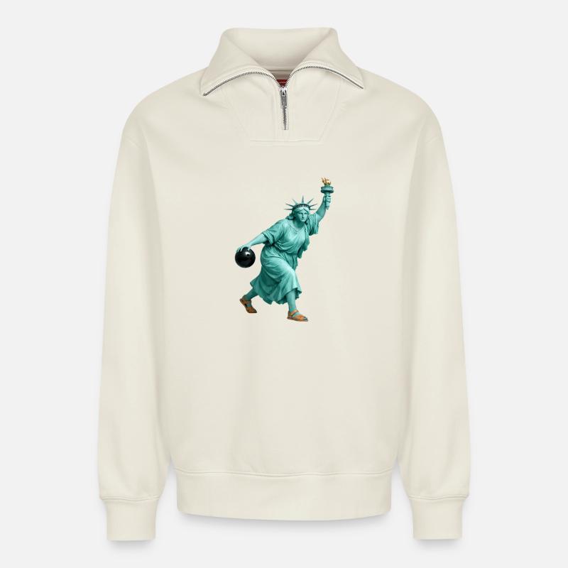 Freiheitsstatue Bowling - Relaxed Unisex Organic Half Zip Sweatshirt – von SPREAD - Naturweiß