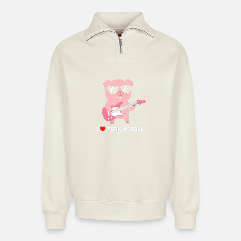 Pig Rocks Guitar - Relaxed Unisex Organic Half Zip Sweatshirt – by SPREAD - off white