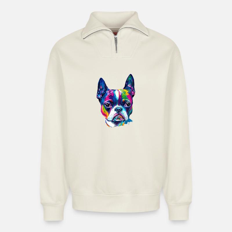 Farbenfrohes Boston-Terrier-Ölfarbe-Hundeporträt - Relaxed Unisex Organic Half Zip Sweatshirt – von SPREAD - Naturweiß