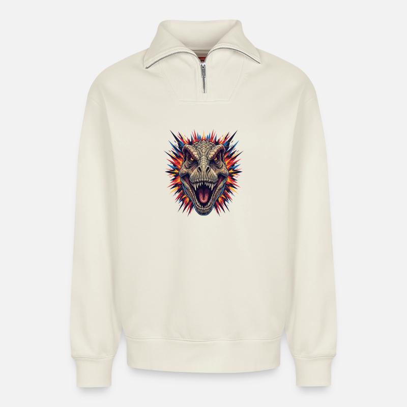 Dinoausbruch Kopfdesign - Relaxed Unisex Organic Half Zip Sweatshirt – von SPREAD - Naturweiß
