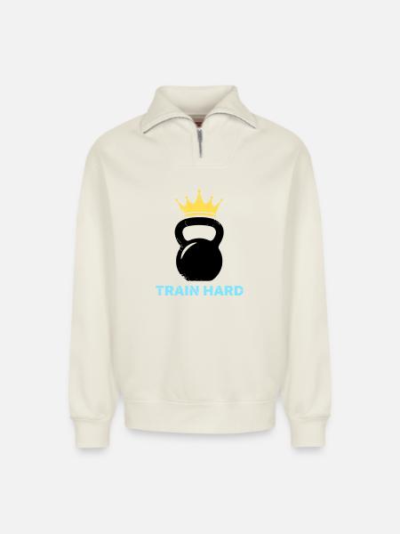 Kettlebell Crown Train Hard - Relaxed Unisex Organic Half Zip Sweatshirt – by SPREAD - off white