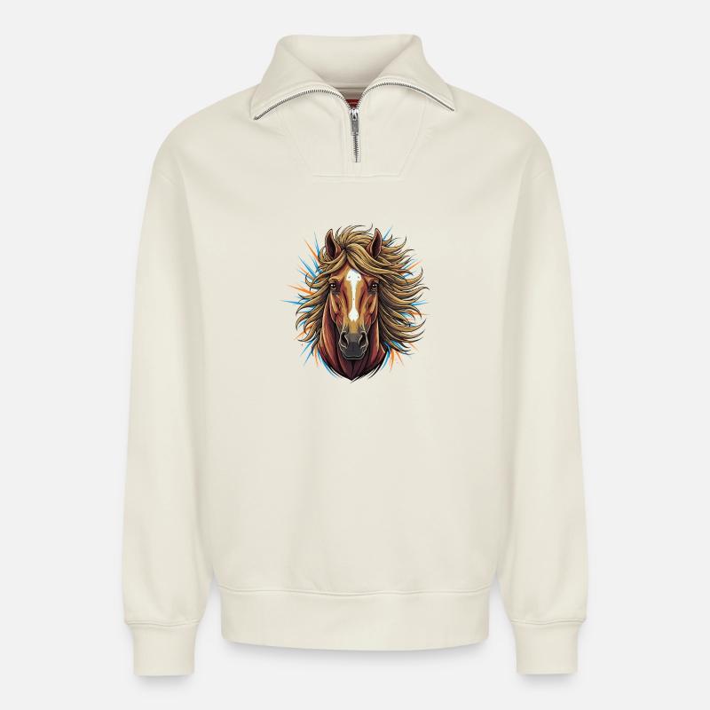 Pferdekopf Neon-Explosion - Relaxed Unisex Organic Half Zip Sweatshirt – von SPREAD - Naturweiß
