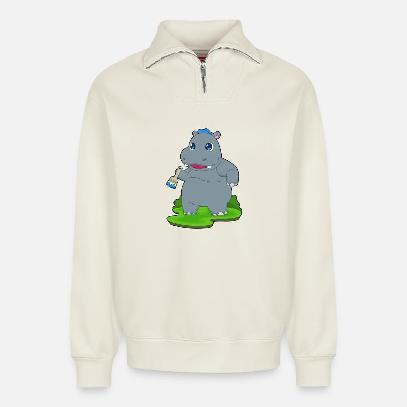 Nilpferd Maler Pinsel Malen - Relaxed Unisex Organic Half Zip Sweatshirt – von SPREAD - Naturweiß