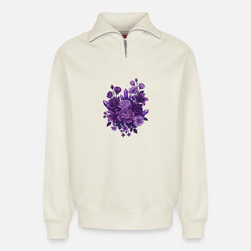 Violette Kristallblumenstrauß - Relaxed Unisex Organic Half Zip Sweatshirt – von SPREAD - Naturweiß
