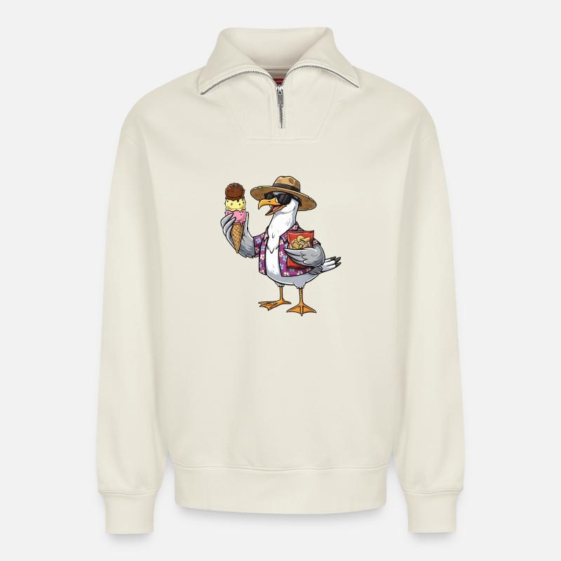 Lustige Strandmöwe Mit Eistüte - Relaxed Unisex Organic Half Zip Sweatshirt – von SPREAD - Naturweiß