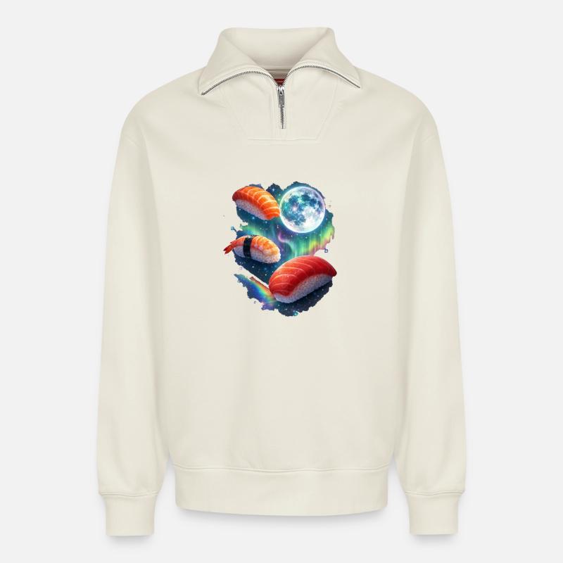Kosmische Sushi-Nacht - Relaxed Unisex Organic Half Zip Sweatshirt – von SPREAD - Naturweiß