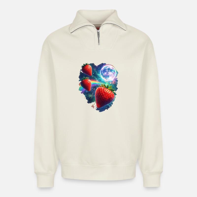 Kosmische Erdbeeren im Sternenlicht - Relaxed Unisex Organic Half Zip Sweatshirt – von SPREAD - Naturweiß