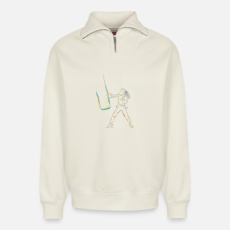 Dessin de boxeur - Sweat unisexe décontracté en coton biologique à demi-zip – de SPREAD - blanc cassé