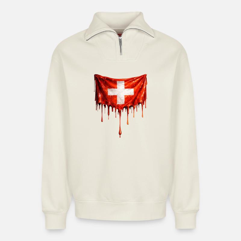 Drapeau suisse dégoulinant - Sweat unisexe décontracté en coton biologique à demi-zip – de SPREAD - blanc cassé