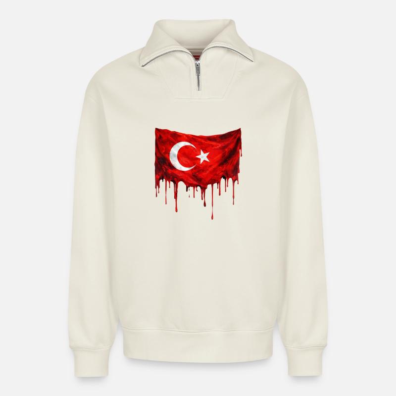 Tröpfelnde Türkei Flagge - Relaxed Unisex Organic Half Zip Sweatshirt – von SPREAD - Naturweiß