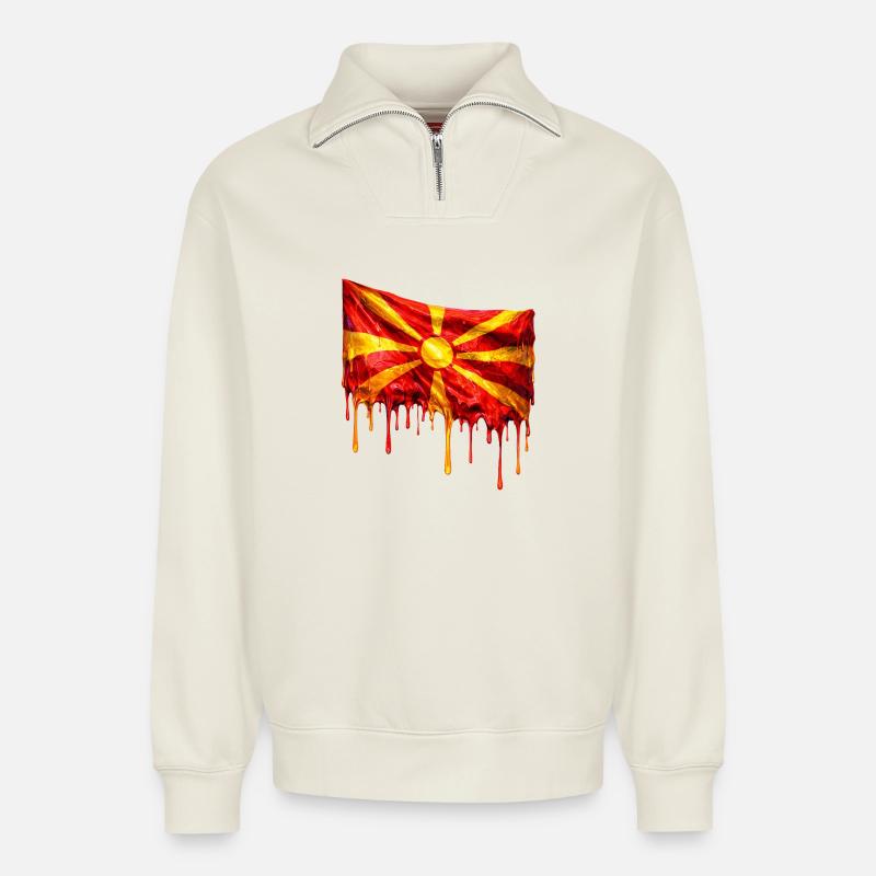 Chute du drapeau macédonien - Sweat unisexe décontracté en coton biologique à demi-zip – de SPREAD - blanc cassé