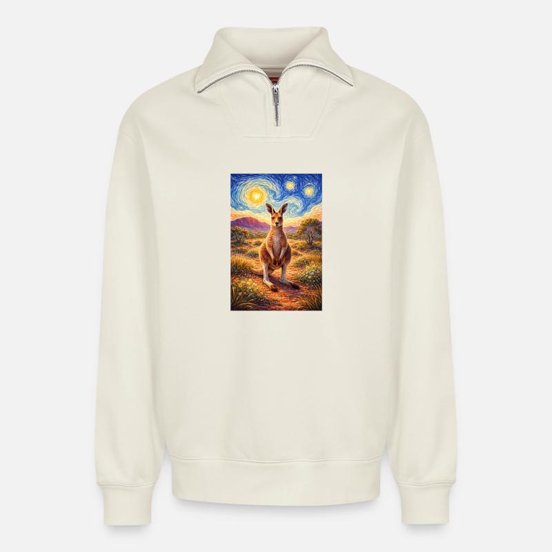 Kangaroo under Starry Night - Relaxed Unisex Organic Half Zip Sweatshirt – by SPREAD - off white