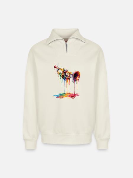 Trumpet with dripping paint - Relaxed Unisex Organic Half Zip Sweatshirt – by SPREAD - off white