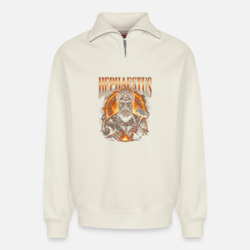Hephaestus Blacksmithing - Relaxed Unisex Organic Half Zip Sweatshirt – by SPREAD - off white