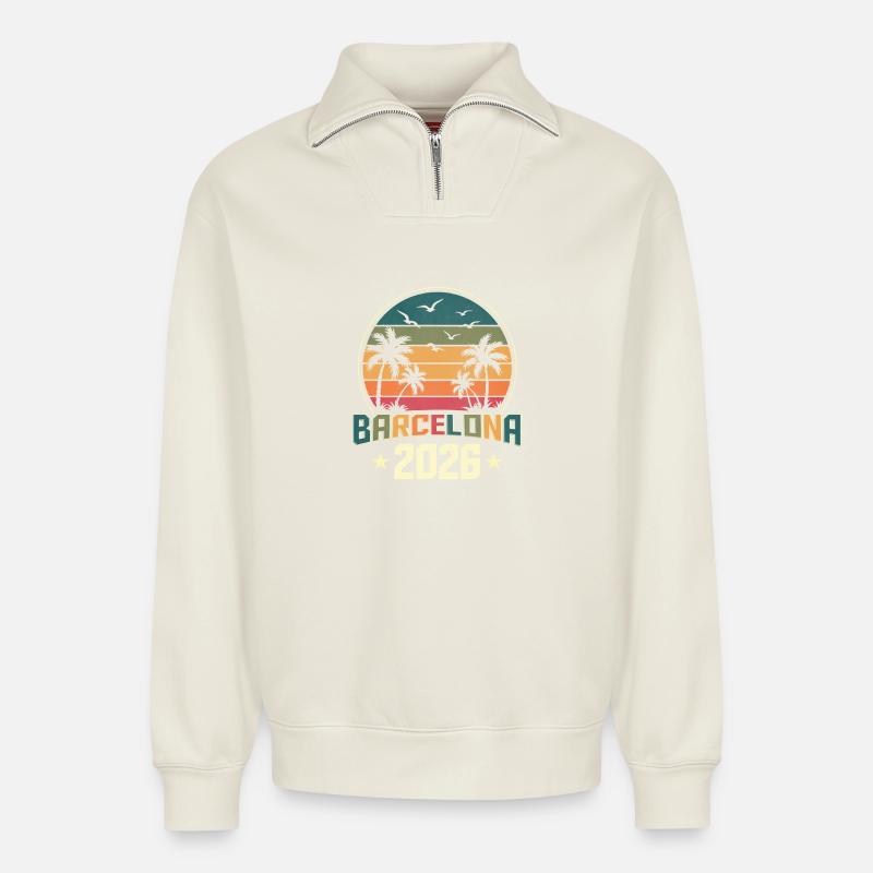Barcelone 2026 - Sweat unisexe décontracté en coton biologique à demi-zip – de SPREAD - blanc cassé