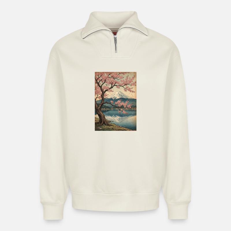 Kirschblüten am Mount Fuji - Relaxed Unisex Organic Half Zip Sweatshirt – von SPREAD - Naturweiß