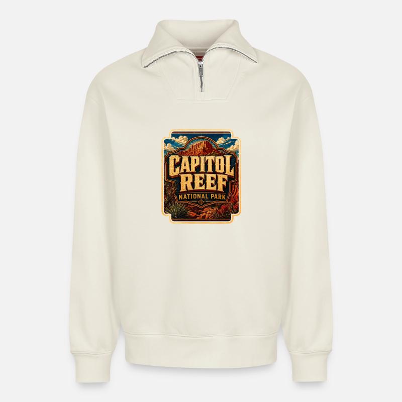 Capitol Reef National Park - Relaxed Unisex Organic Half Zip Sweatshirt – von SPREAD - Naturweiß