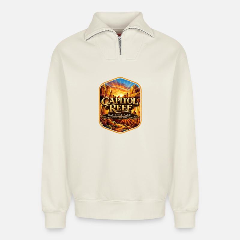 Capitol Reef Sonnenuntergang Patch - Relaxed Unisex Organic Half Zip Sweatshirt – von SPREAD - Naturweiß