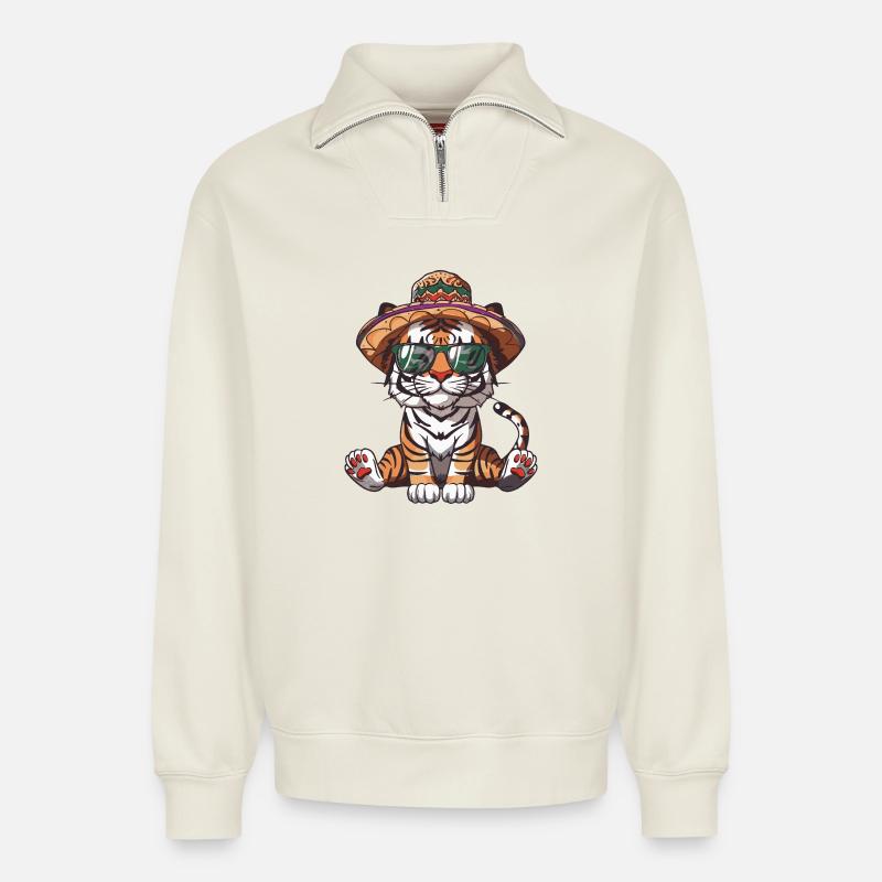 Tiger Comic Lustig Sombrero - Relaxed Unisex Organic Half Zip Sweatshirt – von SPREAD - Naturweiß