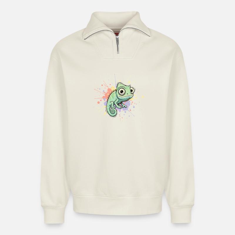 Éclaboussure caméléon aquarelle - Sweat unisexe décontracté en coton biologique à demi-zip – de SPREAD - blanc cassé