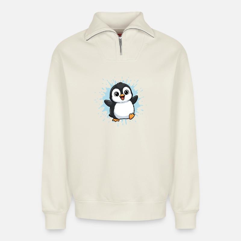 Kunterbunter Pinguin Splash - Relaxed Unisex Organic Half Zip Sweatshirt – von SPREAD - Naturweiß