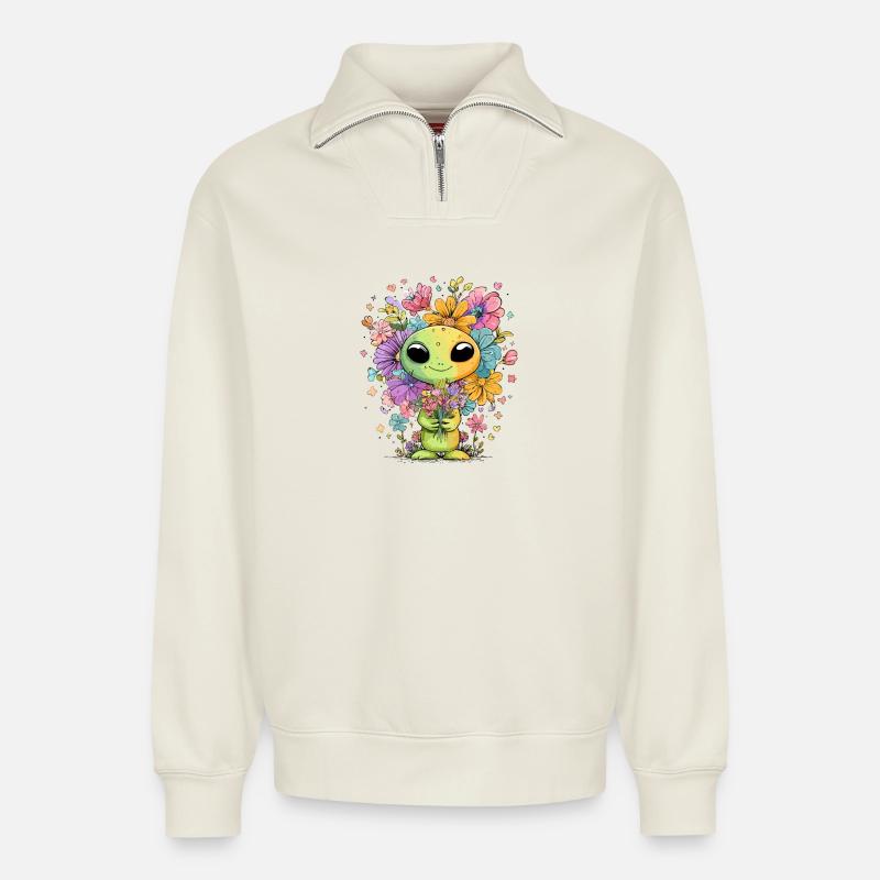 Blumenfreudiges Alien mit Blütenherzchen - Relaxed Unisex Organic Half Zip Sweatshirt – von SPREAD - Naturweiß