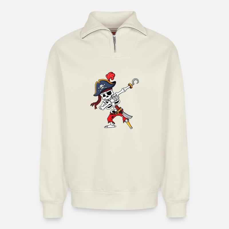 Pirate Skeleton Hook Strike - Relaxed Unisex Organic Half Zip Sweatshirt – by SPREAD - off white